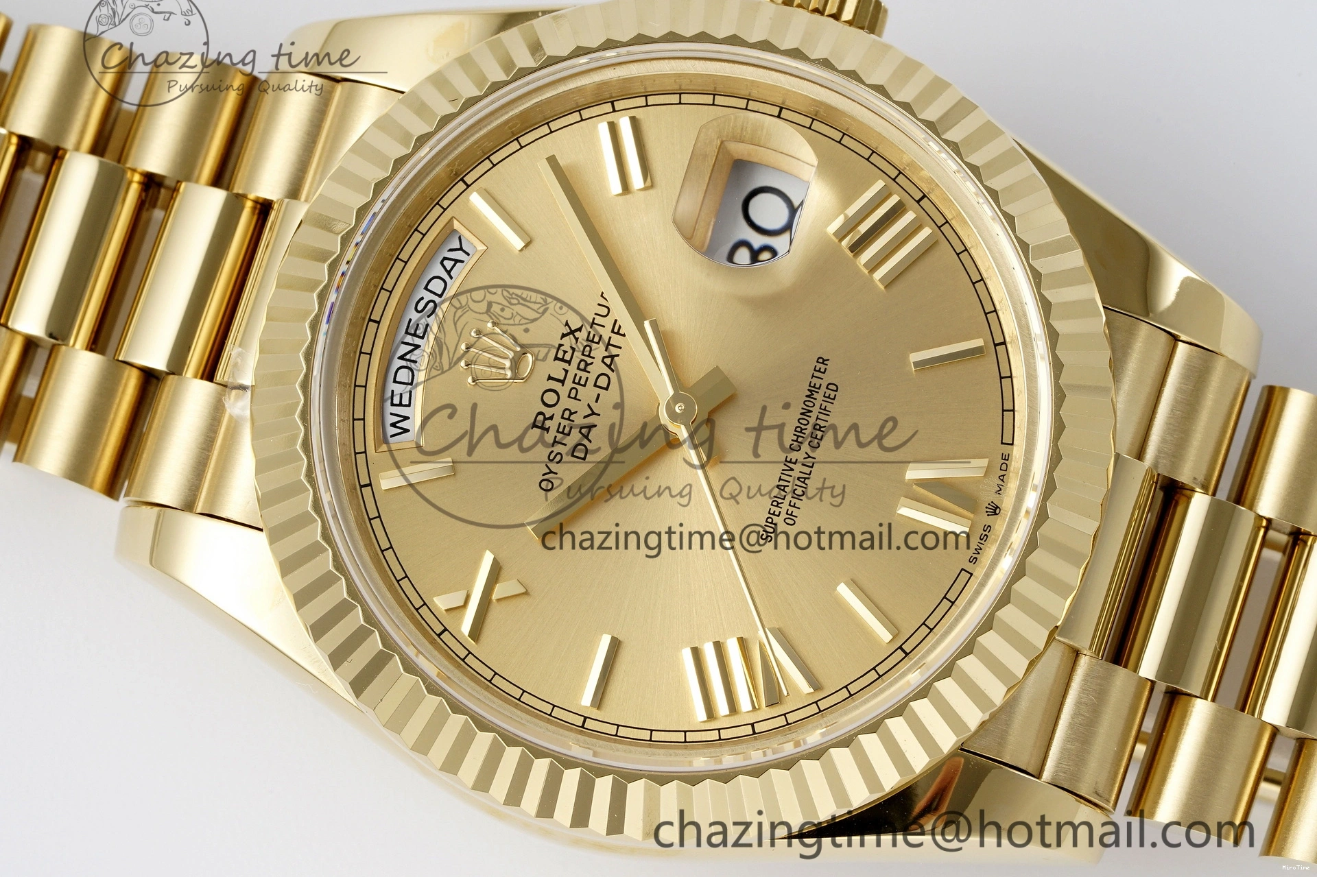 MiroTime 0505 Comfortable DayDate 40 YG JDF Gain Weight 904L Steel YG Dial Roman Markers on President Bracelet A2836 V 1821